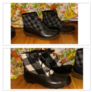 Sperry Black and Gray Plaid Saltwater Duck Boot Ankle Boots